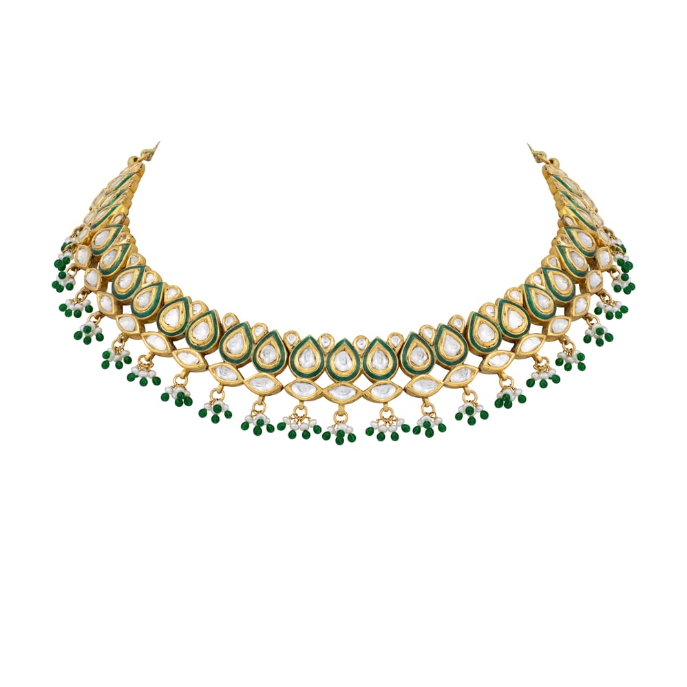 Emerald Enamel Polki Necklace with Pear Motif Detailing